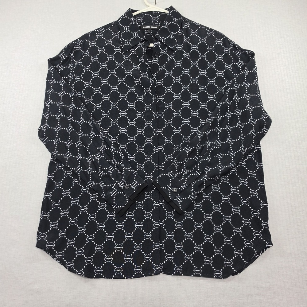 Markus Lupfer Black Lip Print Long Sleeve Top Size 6 Blouse Button Up Pop Art